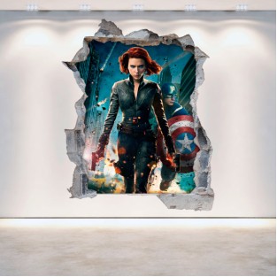 Vinilos 3d pared rota viuda negra y capitán américa